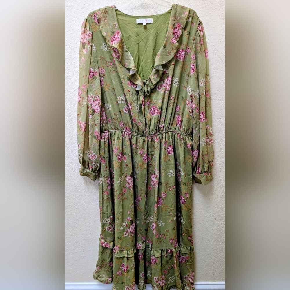 Whimsical Fairycore Green Dress W/ Floral Print +Sheer Sleeves. Size 2XL
